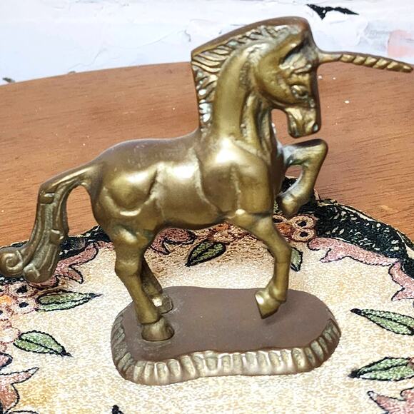 Elegant Brass Unicorn Figurine - Mid-Century Prancing Horse Art Piece on Stand - Picture 4 of 7